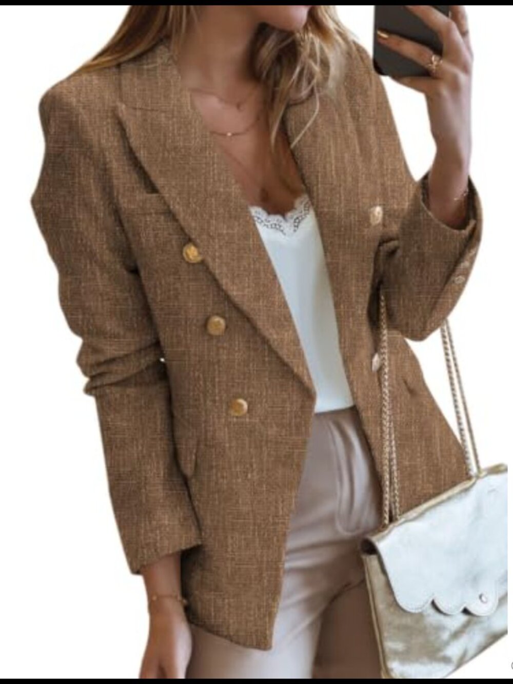 Tweed Blazer Double Breasted Metal Button Business Casual Work Jacket